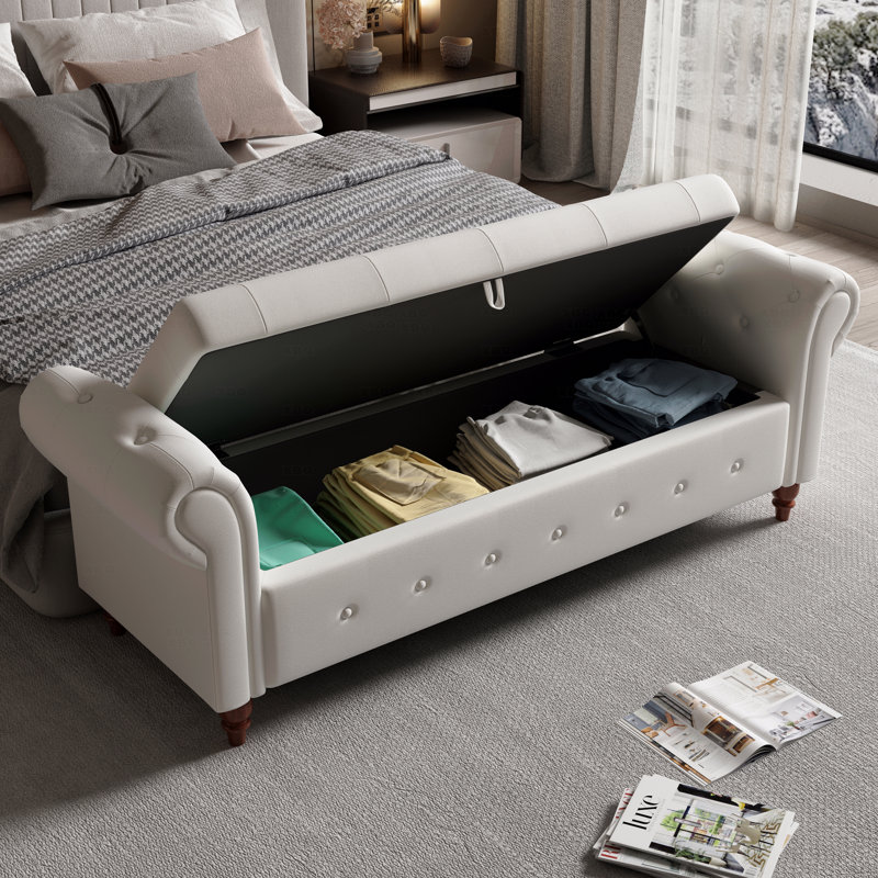 Banc de lit rembourré 63 po, pieds en bois, Beige