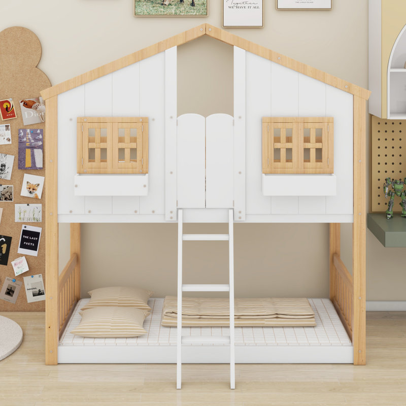 Lit superposé House avec toit, fenêtre, boîte de fenêtre, porte, avec barrières de sécurité et échelle, Naturel / blanc
