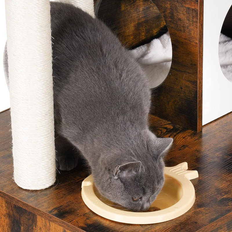 Rustic Brown Wood Cat Tree with Litter Box Enclosure and Feeding Station