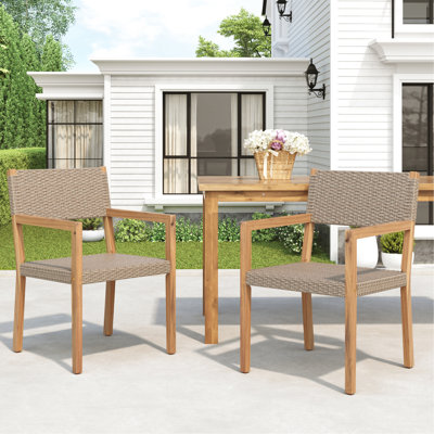 Outdoor Dining Chairs Set Of 2, Light Teak Acacia Wood Frame And Multi Light Brown, Ideal For Patios, Gardens