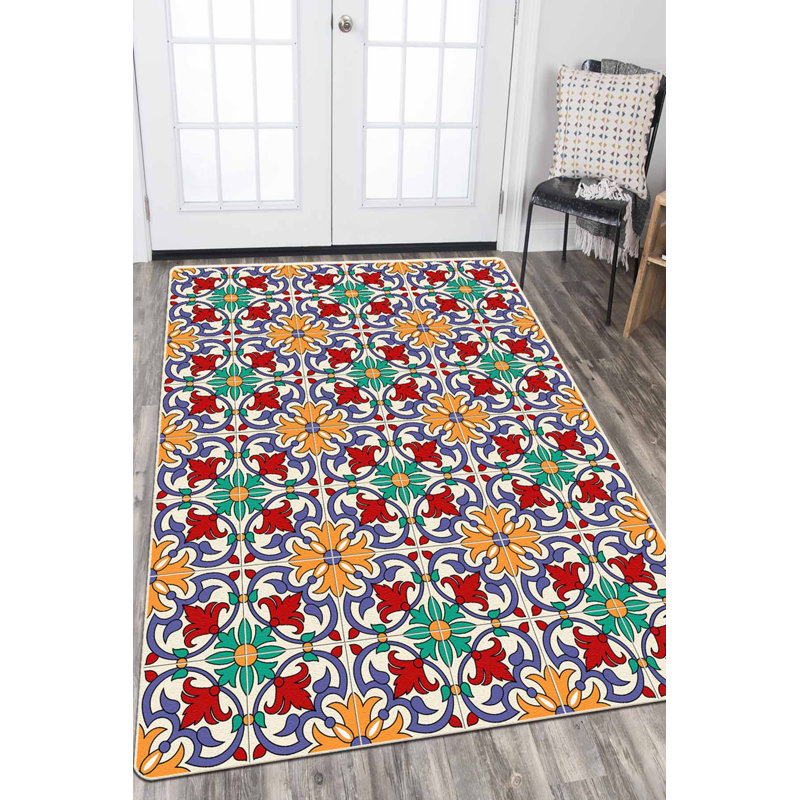Saucedo Azulejos Red/Green Rug, Rectangle 100 x 150cm