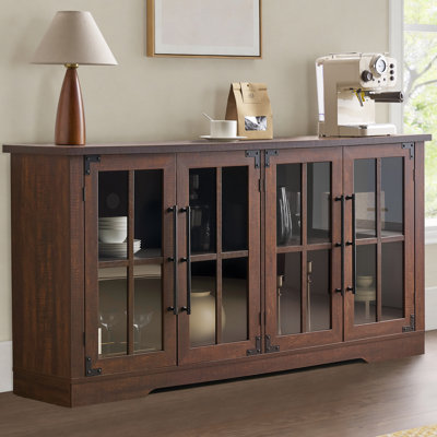 Pfarr 63" W Farmhouse Wood Sideboard with Glass Doors and Adjustable Shelves, Brown