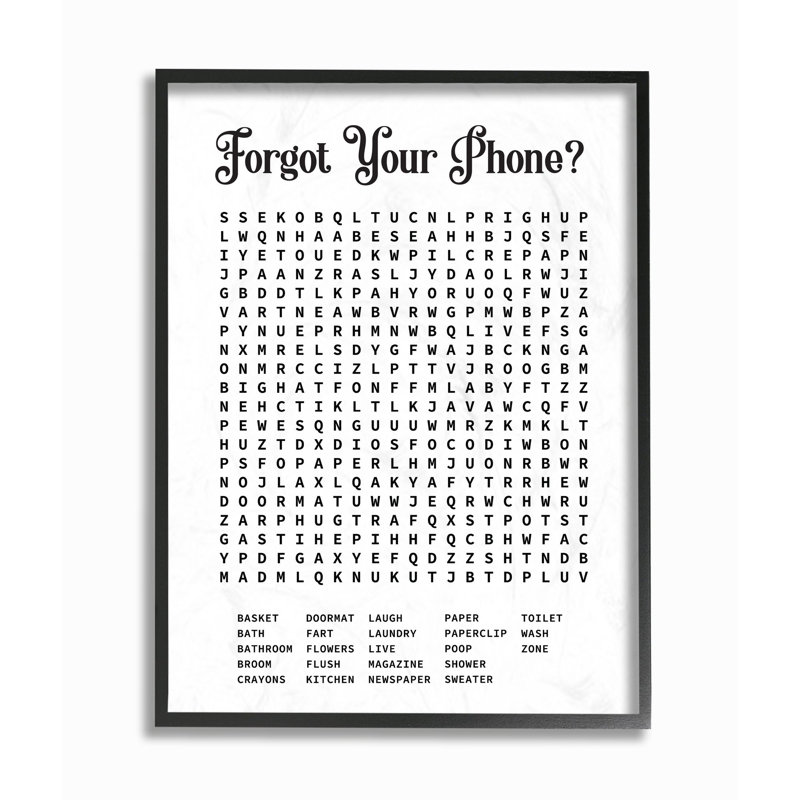 Canela " Phone Crossword Puzzle Bathroom Word Design ", Midnight Black Framed Giclee, 14" H x 11" W