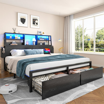 3-Tier Headboard Shelves Bed with RGB LED Headboard and Noise-Free Design - Full, Queen, King Sizes