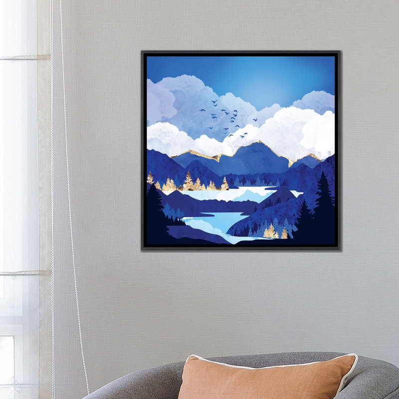 «Blue Lake», reproduction d'impression, 26" H x 26" W x 1.5" D, Pas de tapis, Toile avec cadre noir patiné
