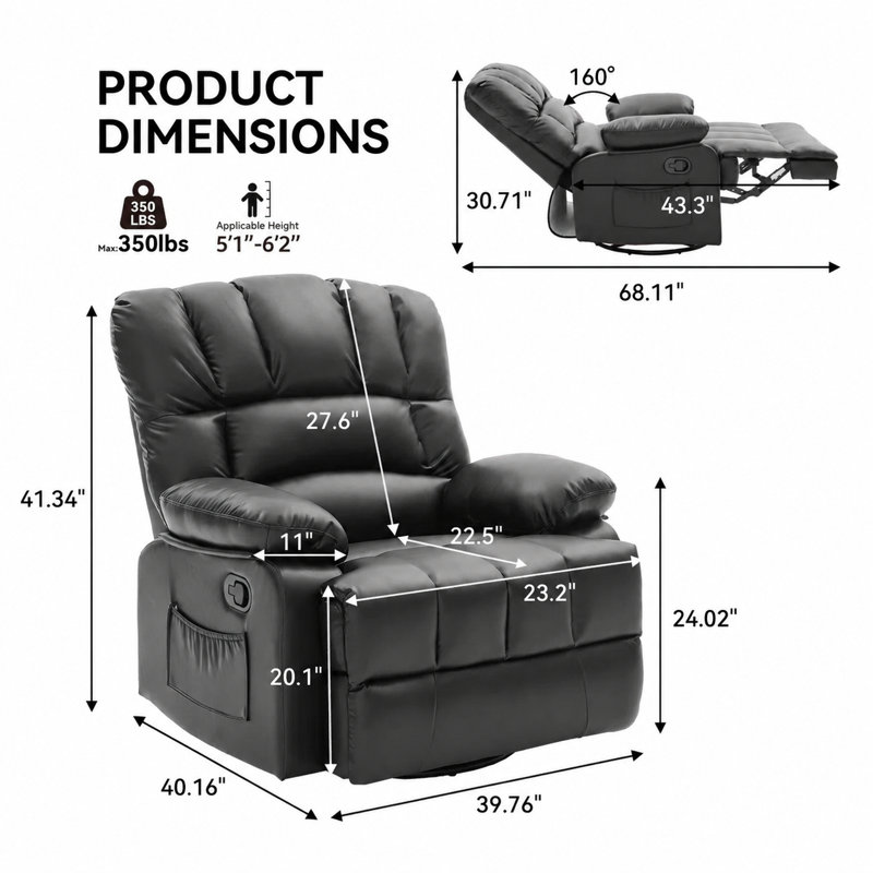 Fauteuil inclinable manuel pivotant de 39,7 po Breasha, Black Polyurethane
