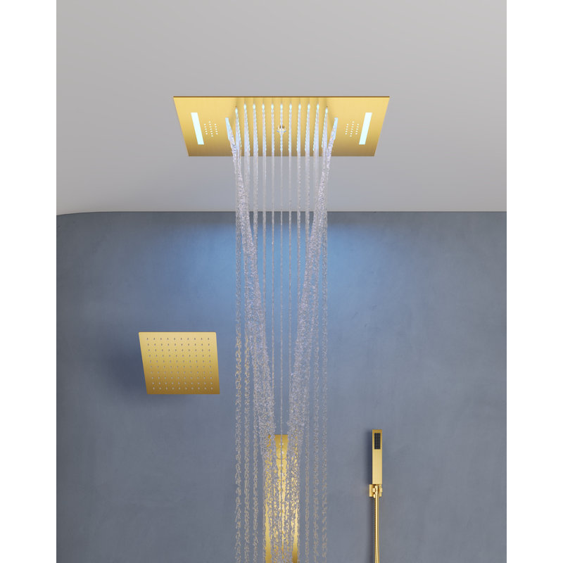  LED Bluetooth Music Thermostatic Rain Shower System with Dual Shower Heads and Handheld Sprayer, Brushed Gold