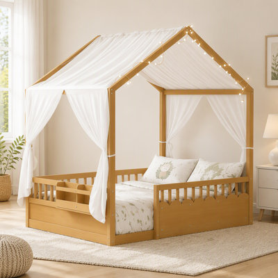Lit double Montessori pour enfants, structure de lit à baldaquin en bois avec barrières de sécurité et porte, guirlande lumineuse et bibliothèque intégrées, lit à profil bas, aucun sommier nécessaire
