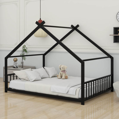 Lit de plancher avec toit pour filles, cadre de lit en métal avec tête et pied de lit
