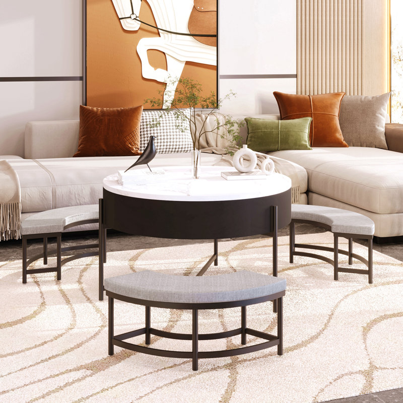 Table basse moderne à plateau relevable avec rangement et 3 repose-pieds blanc et noir