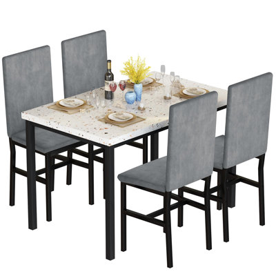 Modern 4-Piece Dining Table Set for Small Spaces - Faux Marble Table & Velvet Chairs, 220 lbs Capacity (47” Space-Saving)