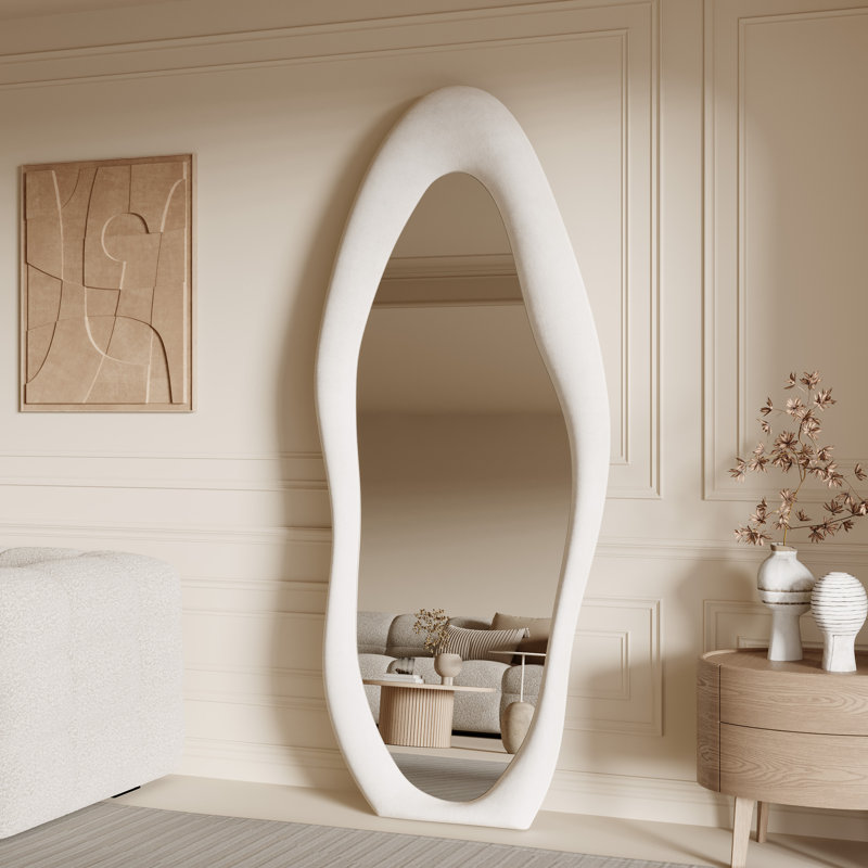 Amon Full Length 63" x 24" Mirror Velvet Wavy Floor Mirror, Cream
