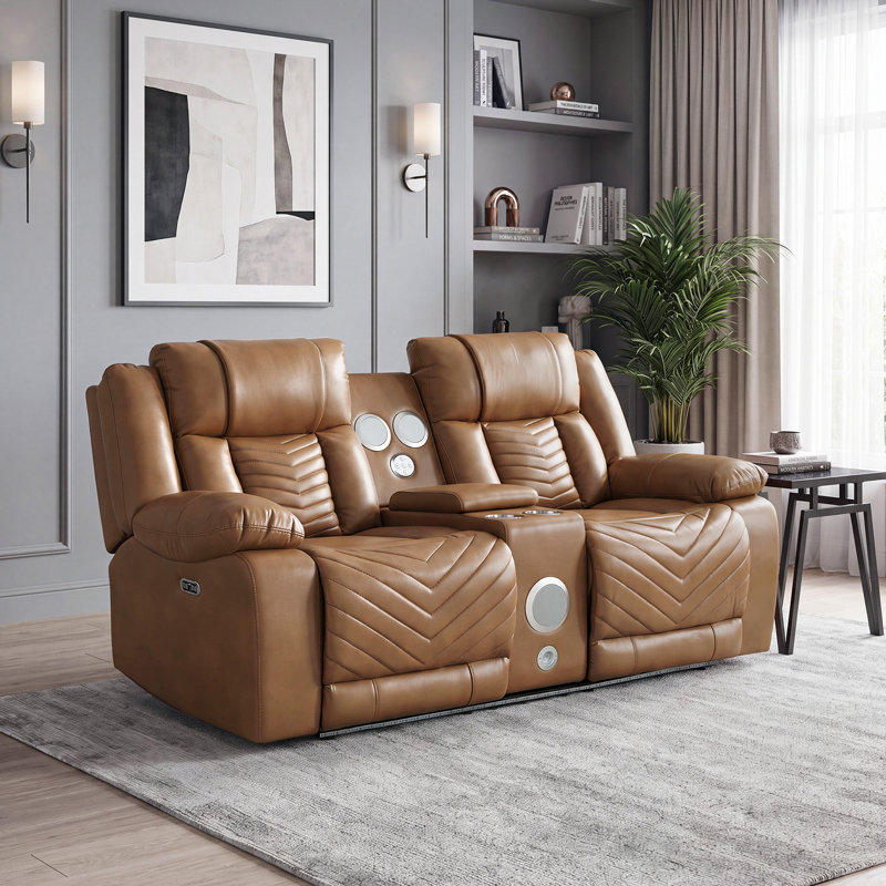Causeuse inclinable électrique en similicuir de 78 po Marlow avec haut-parleurs sans fil, charge USB, éclairage DEL, porte-gobelets et rangement dissimulé.