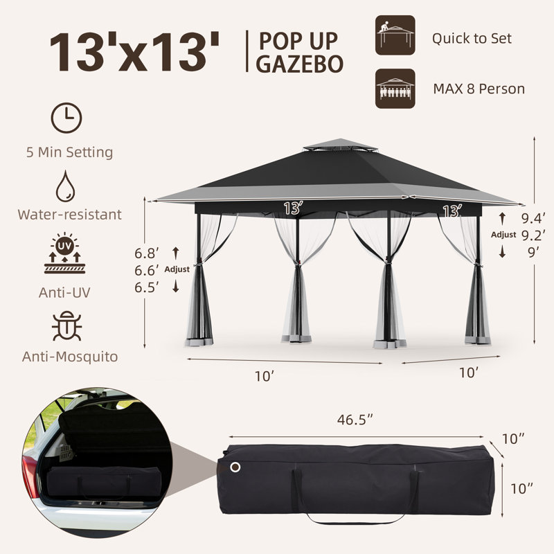 13 Ft. W X 13 Ft. D Metal Pop-up Gazebo With Mosquito Netting, Black