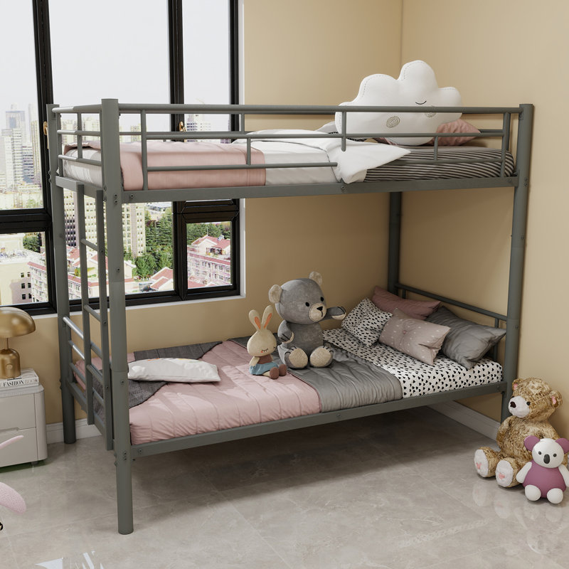 Lit simple superposé pour enfants, structure en métal avec échelle et garde-corps, 2 lits convertibles, sans sommier