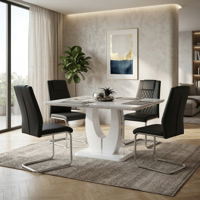 Ensemble de salle à manger à piédestal moderne Jeanlouis, 5 pièces: table, 4 chaises, Noir, Silver
