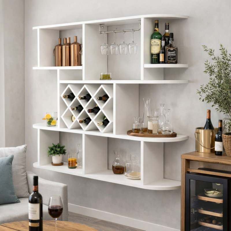 Support à vin de bar mural avec support, tablettes, 3 niveaux, blanc 47 po