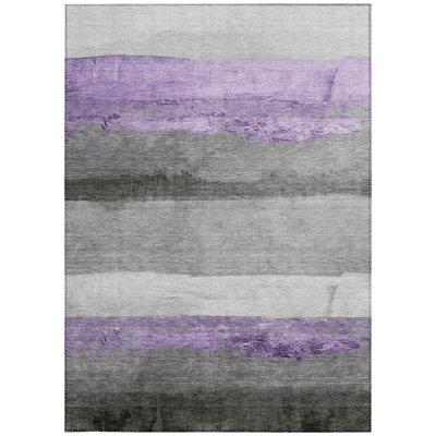 Tapis intérieur/extérieur lavable à rayures lavande et grises de 2,44 m x 3,05 m