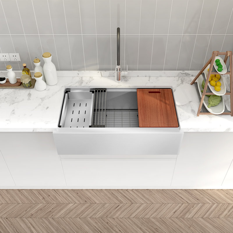 Évier de cuisine Sinber 33 po à tablier frontal et cuve unique, acier inoxydable T304 de calibre 16, fini satiné