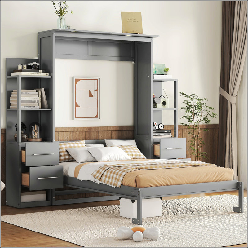Lit escamotable double pleine grandeur avec tablettes, Gris, Double