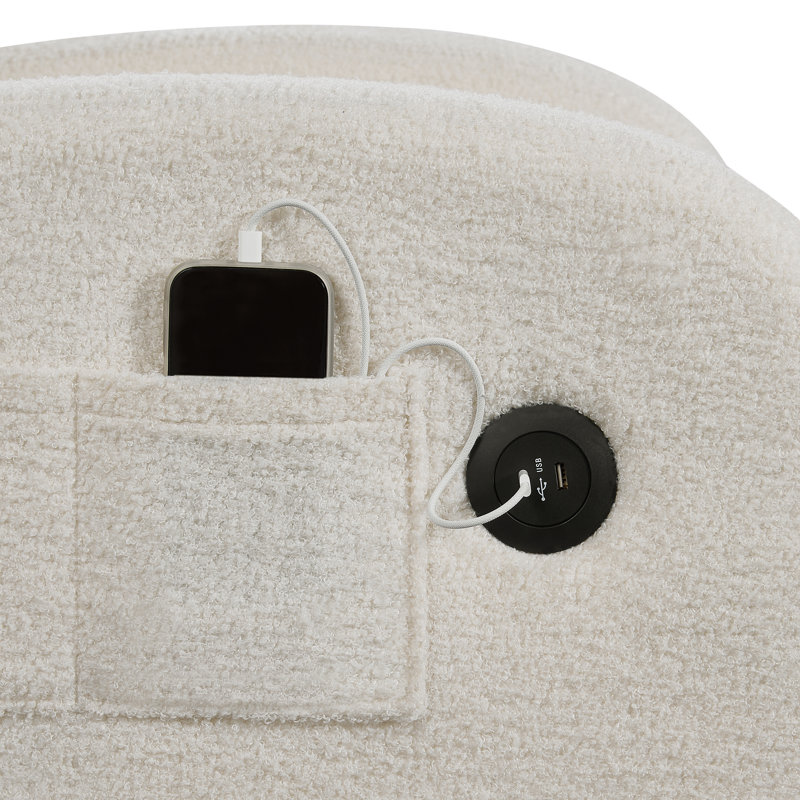 Fauteuil d'appoint pivotant et bouclé avec port de charge USB, base de rangement et accoudoirs à poches multiples, Crème