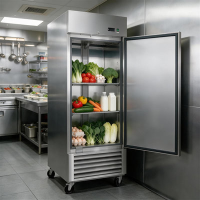Réfrigérateur commercial 27 po à porte simple en acier inoxydable, 23 pi³, thermostat numérique à DEL à dégivrage automatique