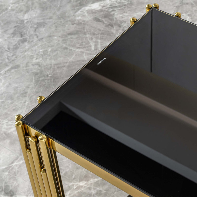 Console supérieure et inférieure en verre trempé à double couche et cadre en acier inoxydable à finition miroir, Or