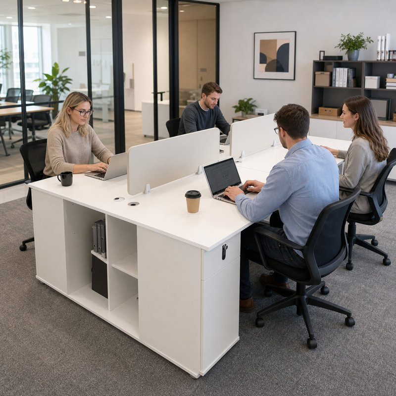 Ensemble de bureau moderne pour 4 personnes avec 4 chaises de bureau ergonomiques, armoires verrouillables et cloisons d'intimité, bureau à cloisons blanc