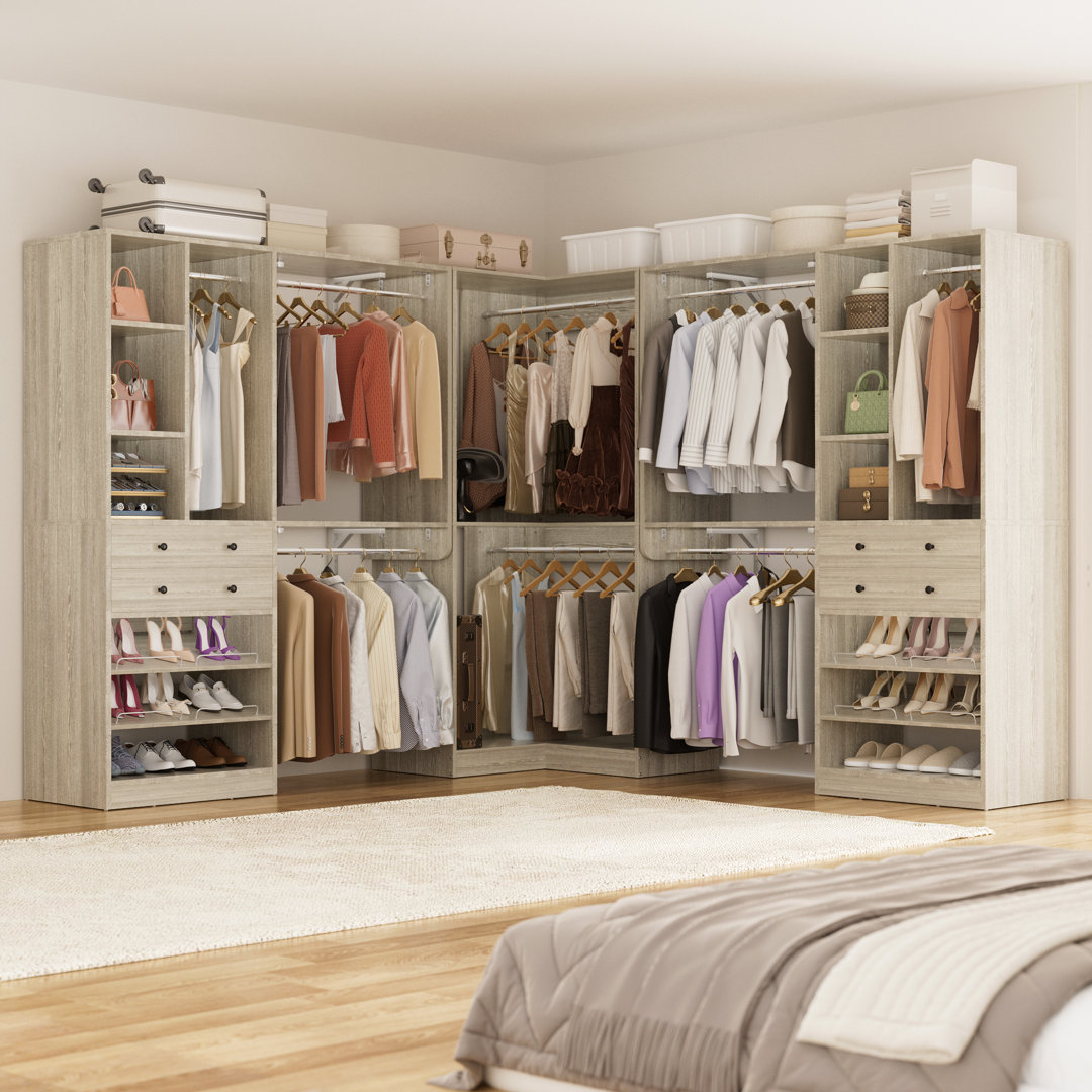 Navada 90.5"-149.5" Closet System with Wooden Drawers and Shoe Racks Rebrilliant 