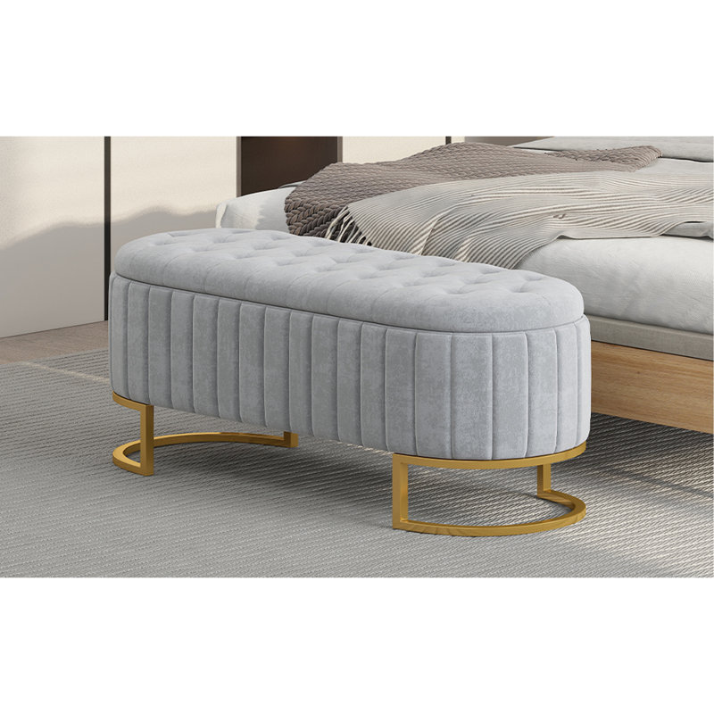 Élégant repose-pieds de rangement rembourré en velours avec capitonnage à boutons, Gris