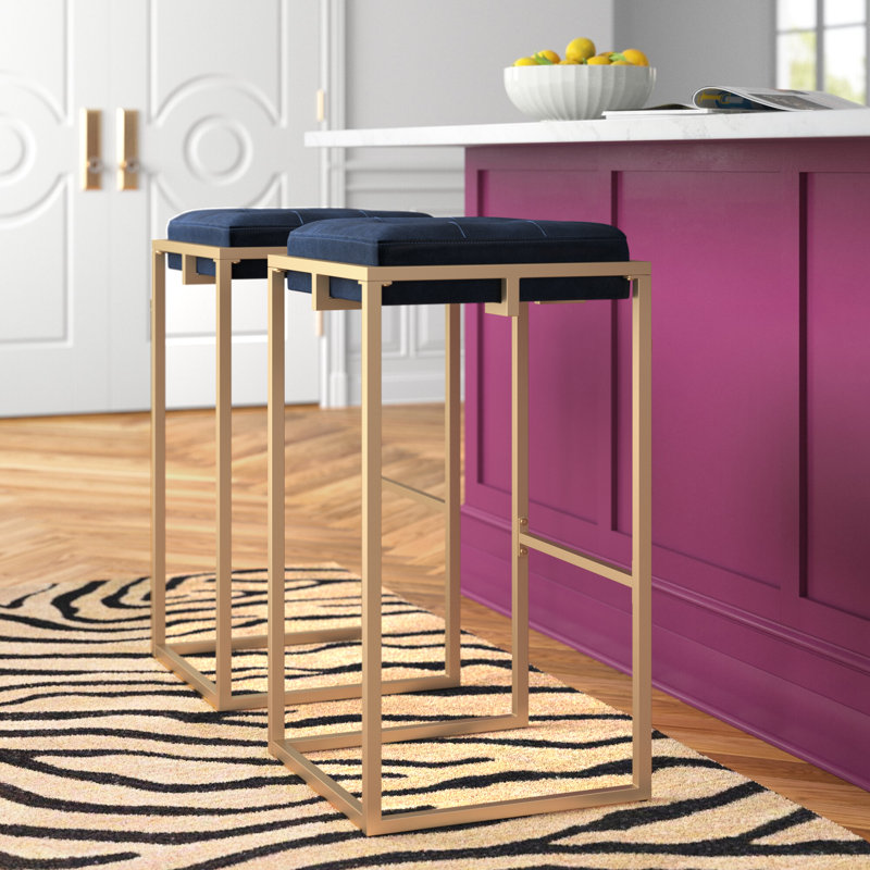 Simmerman Upholstered Counter Stool with Metal Frame, Navy Velvet, Bar Stool (30" Seat Height)