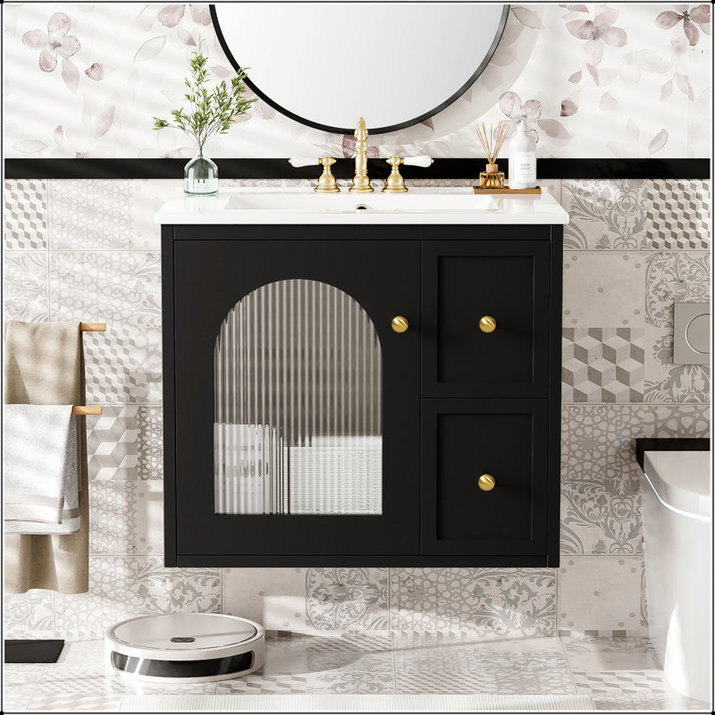 Ensemble de meuble-lavabo mural 24 po avec lavabo en céramique, 2 tiroirs et 1 porte à fermeture en douceur pour les petits espaces