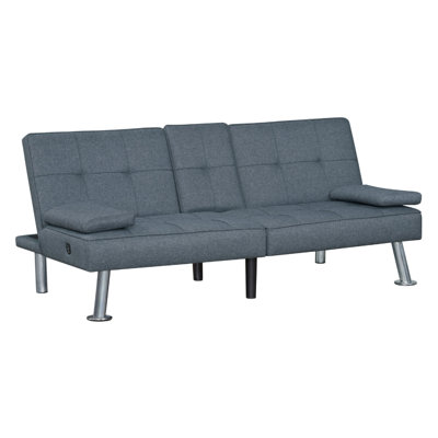 Canapé-lit convertible futon pliant, tissu gris, pieds en métal argenté
