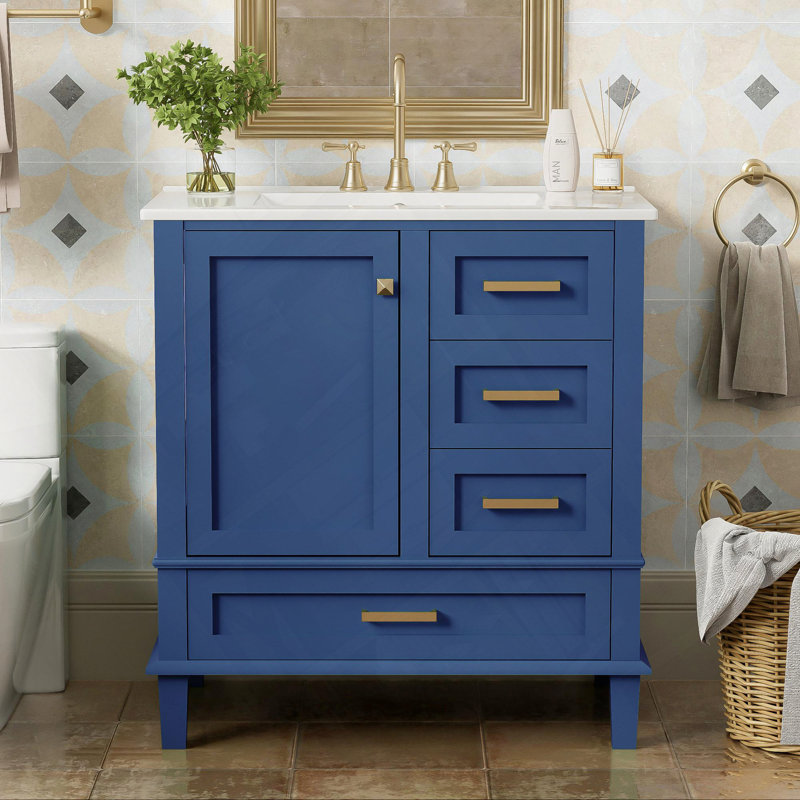Armoire de rangement pour salle de bain avec lavabo et armoire à 3 tiroirs, Bleu