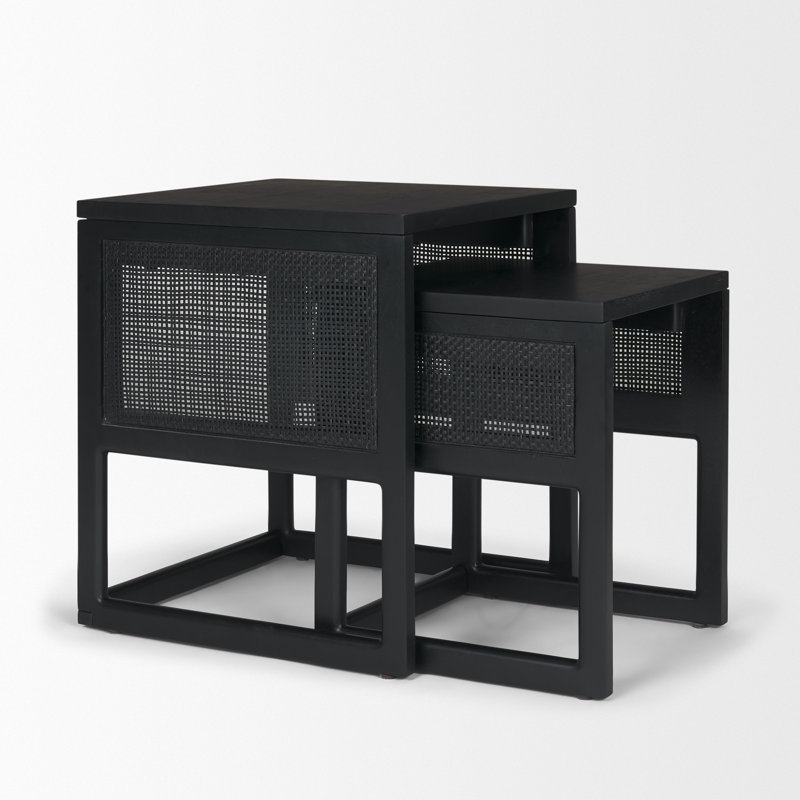Ensemble de 2 tables d'appoint gigognes en bois massif brun moyen avec canne, Noir