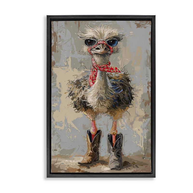 Toile flottante autruche et bottes de cowboy encadrée par Petals Prints Design, H 25 po x l 17 po