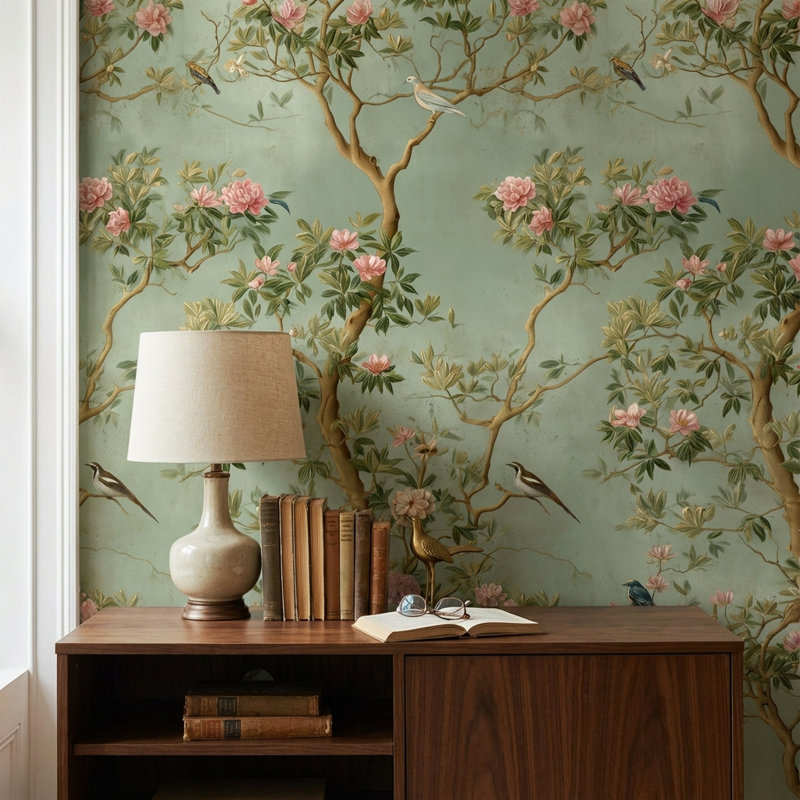 Papier peint floral rétro avec oiseaux