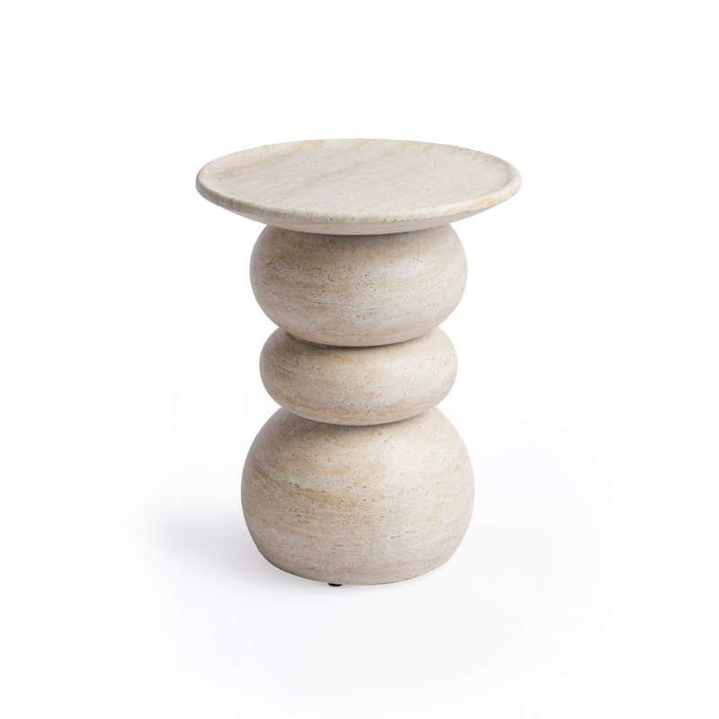 Stephanos Effect Stool End Table Durable Weatherproof Indoor and Outdoor Side Table, Travertine