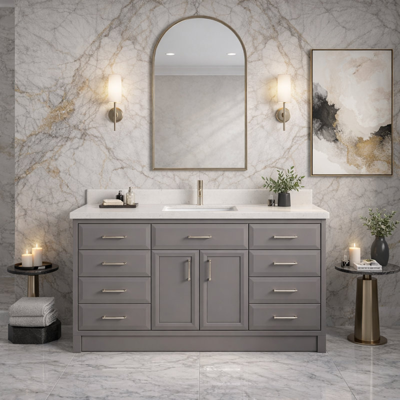 Meuble-lavabo à simple cuve en bois massif l 60 po x P 22 po Capri III avec organisateur furtif et plateau en pierre, 60"