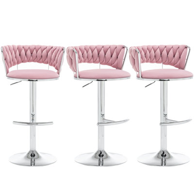 Swivel Bar Stools Set of 3, Counter Height Bar Stools with Low Back, Adjustable Height Barstools, Velvet Bar Stools for Kitchen Island, Pub (Pink)