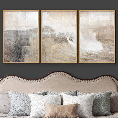 Grunge Abstract Paint Stroke Effect " Gray And Tan Color Block Ocean Wave Overlay Nature Digital Rustic Scenic " 3 - Pieces
