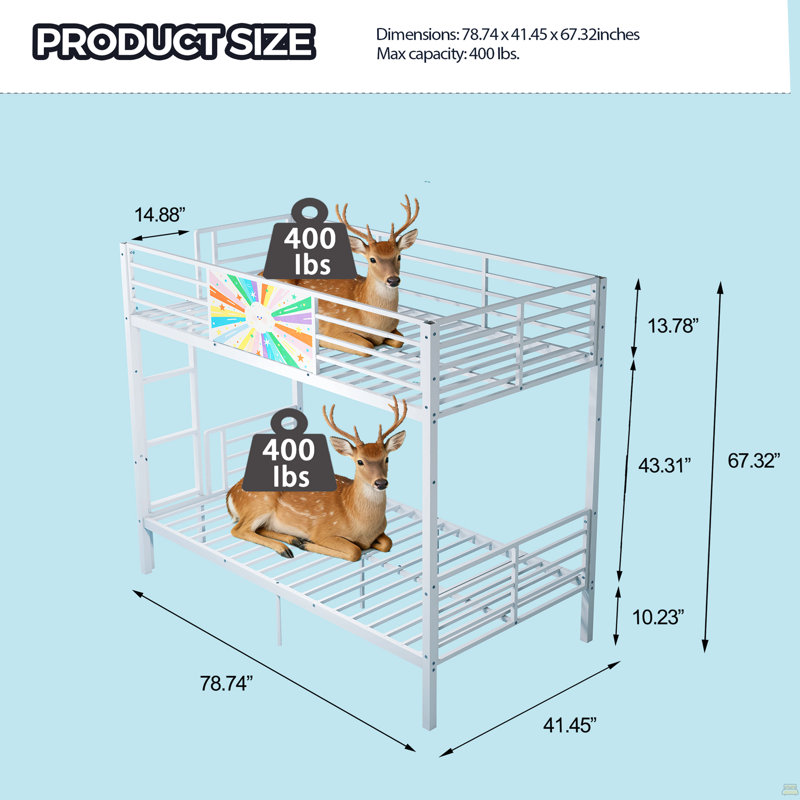 Lit superposé double au-dessus de double pour adultes et enfants, structure de lit superposé robuste avec échelle rembourrée pour garde-corps, sans sommier tapissier, blanc