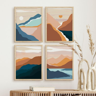 Ensemble encadré de 4 paysages encadrés sur papier orange et bleu