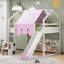 Lit mezzanine en bois pleine grandeur en forme de maison avec tente, blanc et rose-1951588346-1951588349