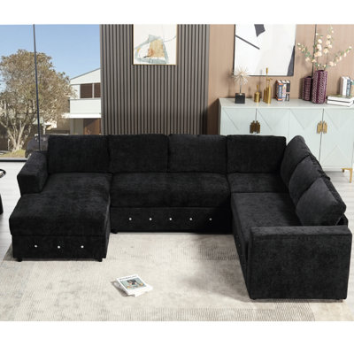 Oversized 108.45" Sectional With Extra Storage Space, Black Modern Couch, Chenille Upholstery, Crystal Button Ornamentation For Living Room And Apartment Compartment, Ornament