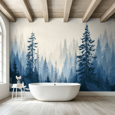 Peel and Stick Wallpaper Wall Mural misty forest landscape blue silhouettes coniferous trees seamless Wall Art Self Adhesive and Removable