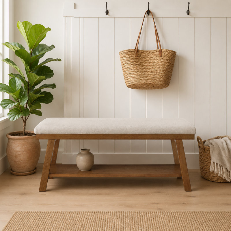 Banc de rangement moderne l 43,5 po avec tablette inférieure pour la chambre à coucher, le vestibule ou le salon, Beige