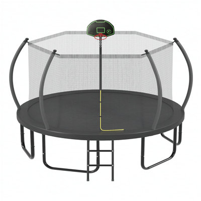 12FT Trampoline with Basketball Hoop for Kids and Adults, Round Outdoor Trampoline with Enclosure Net & Curved Poles & Ladder