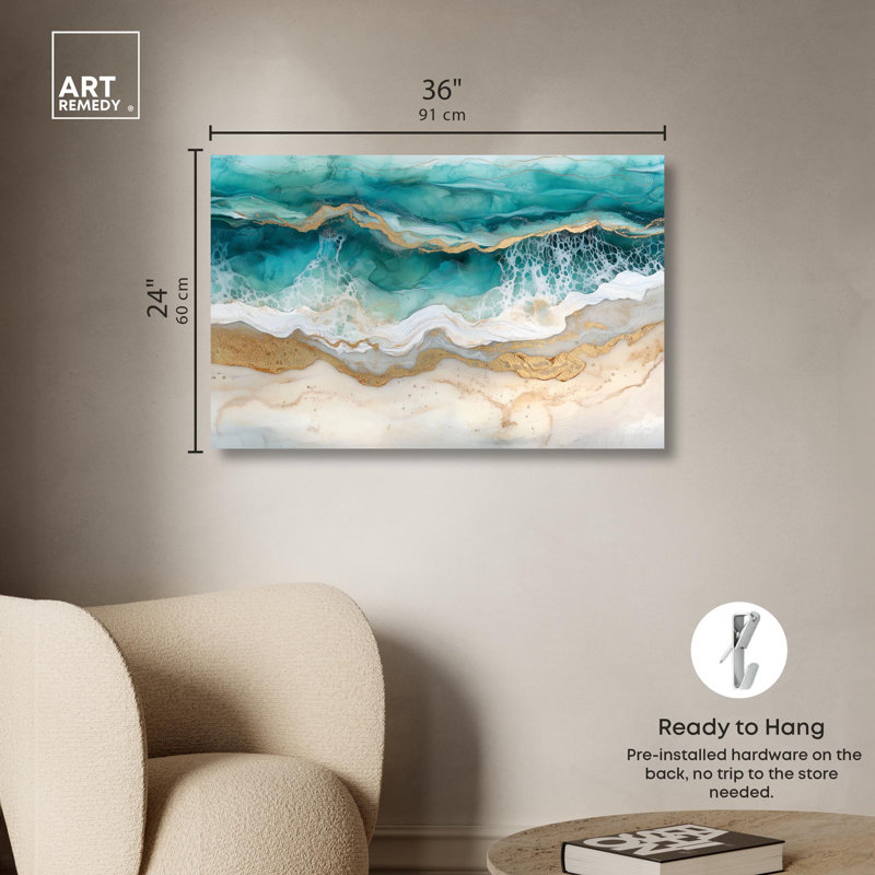 Toile dorée, motifs côtiers abstraits par Art Remedy, H 24 po x l 36 po x P 1,5 po, Toile tendue