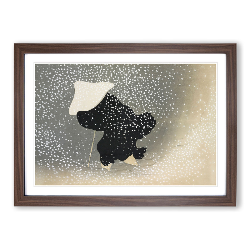 Man in a Snow Storm by Kamisaka Sekka - Picture Frame Painting, 36cm H x 48cm W x 2cm D, Walnut Framed